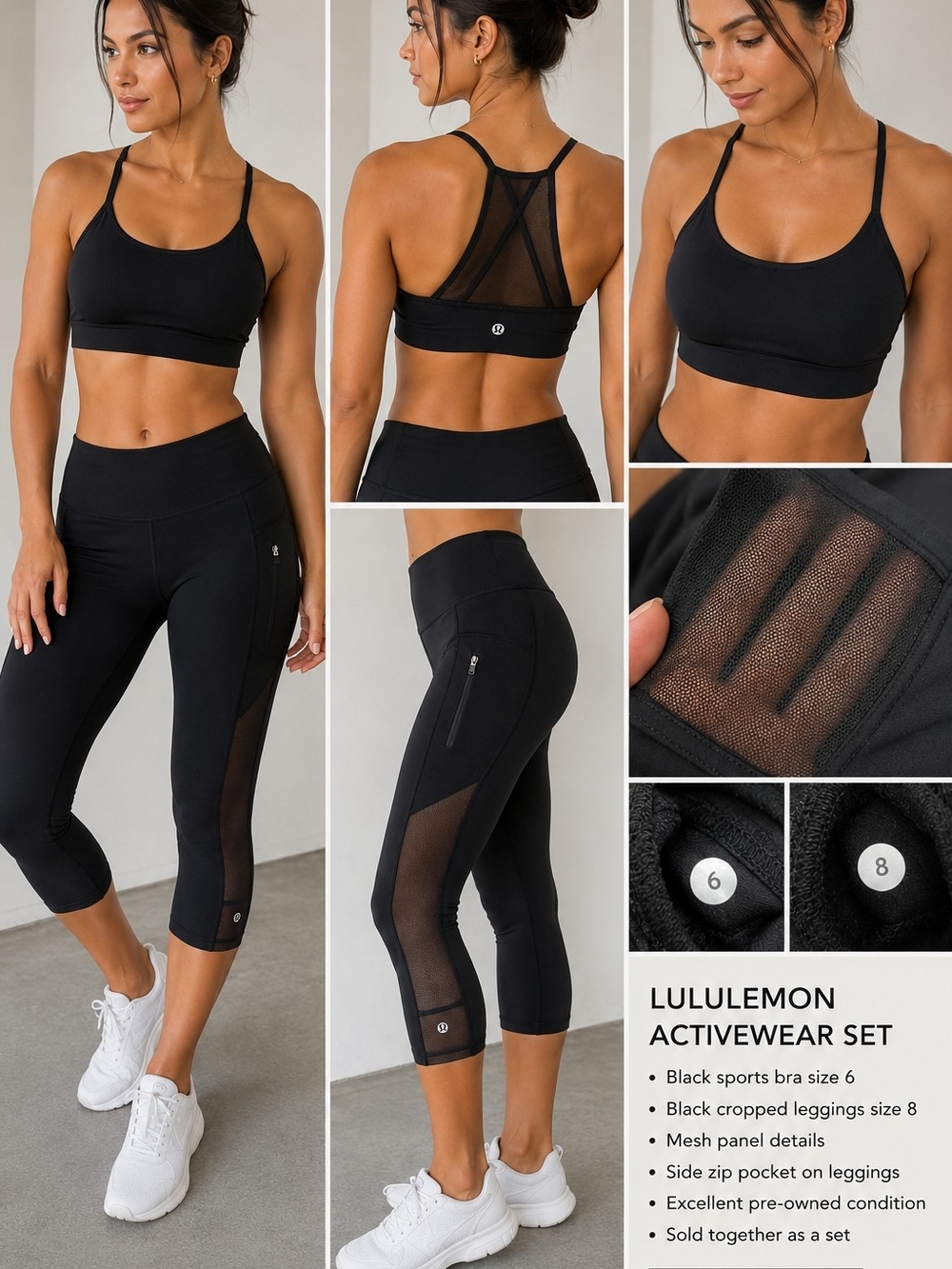 Lululemon Set Black Activewear Sports Bra 6 Capri Leggings 8 Yoga Gym